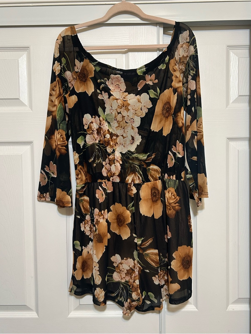 Fashion Nova Black Floral Scoop-Neck Romper with Tan Blooms